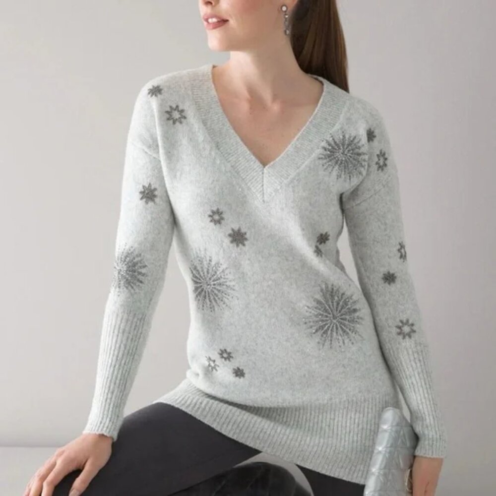 White House Black Market‎ Embellished Tunic Sweater Heather Pelican Gray XL NEW